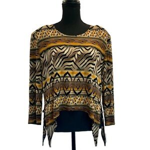 Joseph Ribkoff Brown black mixed animal print asymmetrical Hemline blouse Sz 16